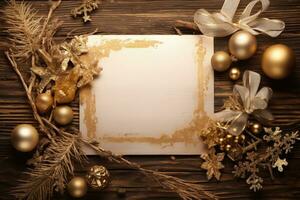 Christmas card with space to write, Christmas decor, golden details. Generative AI photo