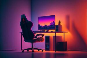 Illustration of gamer setup, computer and gamer chair, gradient background. AI photo