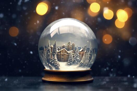 Glass globe with christmas landscape inside, christmas holiday concept, bokeh background. Generative AI photo