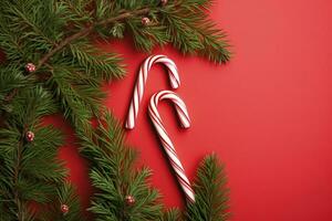 Pine branches on red background, christmas decoration. Generative AI photo