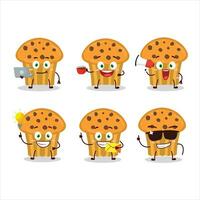 Choco chips muffin cartoon character with various types of business emoticons vector