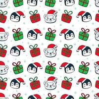 New Year's pattern with gifts, cute faces of a polar bear and a penguin in a Santa hat vector