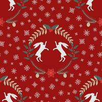 Christmas pattern with a rabbit, holly, spruce branches, poinsettia, snowflakes and berries on a red background. New Year pattern vector