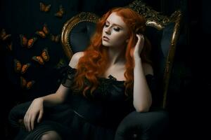 Woman red hair armchair diva. Generate Ai photo