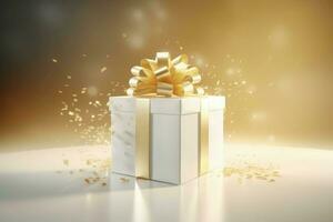 Golden ribbon gift box. Generate Ai photo