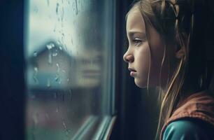 Sad girl look window. Generate Ai photo