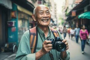 Asian man take photo at street. Generate Ai