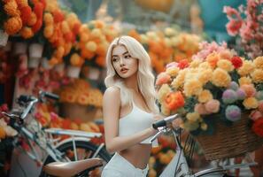 Girl french blonde flowers shop. Generate Ai photo