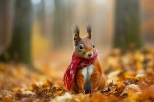 Cute squirrel fall forest. Generate Ai photo