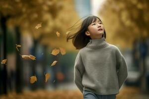 asiático niña otoño. generar ai foto