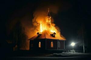 Burning church night flames. Generate Ai photo