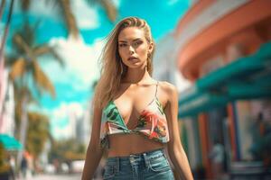 Summer beach slim model. Generate Ai photo