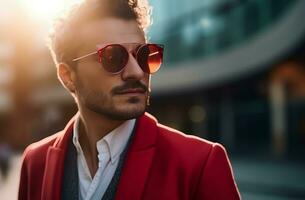 Businessman red suit with sunglasses. Generate Ai photo
