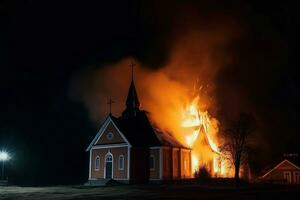 Burning church night god. Generate Ai photo