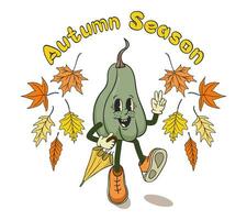 Old retro cartoon pumpkin concept illustration. Slogan Autumn season and retro cute character in flat hand drawn style for print design. ideal for posters, greetings, tshirt print, banner vector