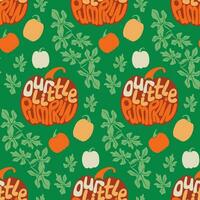 Pumpkin seamless pattern with groovy lettering. Flat hand drawn slogan Our Little Pumpkin in pumpkin shape in minimalistic style. Modern design for Halloween or Thanksgiving party decoration, textile vector