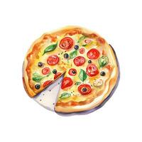 Hand drawn slice of pizza. Watercolor sketch isolated on white background. Vector illustration for food design