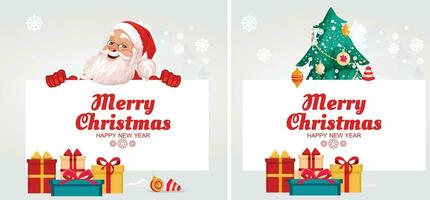 conjunto de postales alegre Papa Noel claus y Navidad árbol soportes detrás un grande bandera, letrero, publicidad bandera. con el inscripción alegre Navidad y un regalo. vector gráficos