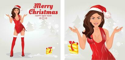 A woman in a red dress and a Christmas hat. vector