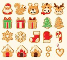 Set of cute gingerbread cookies for christmas. Christmas pastries. Biscuits. Isolated over white background. Vector illustration.