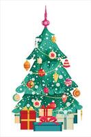 Navidad árbol con decoraciones y regalo cajas cubierto en nieve. alegre Navidad y contento nuevo año. vector ilustración