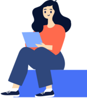 Hand Drawn female character sitting and reading a book in flat style png