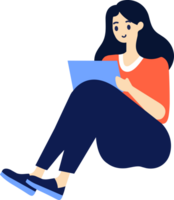 Hand Drawn female character sitting and reading a book in flat style png