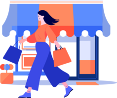 mano disegnato un' donna con shopping borse passeggiate passato un' storefront nel piatto stile png