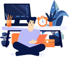 Hand Drawn A male character is sitting and reading a book in his office in flat style png