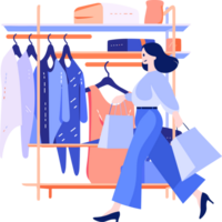 Hand Drawn A woman with shopping bags walks past a storefront in flat style png