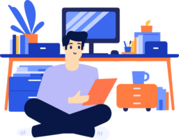 Hand Drawn A male character is sitting and reading a book in his office in flat style png