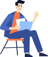 Hand Drawn Male character sitting and reading a book in flat style png