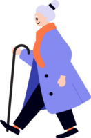 mano disegnato anziano personaggi camminare con canne nel piatto stile png