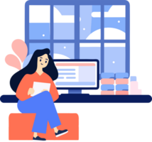 Hand Drawn A female character is sitting and reading a book in her office in flat style png