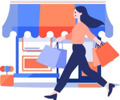 mano disegnato un' donna con shopping borse passeggiate passato un' storefront nel piatto stile png