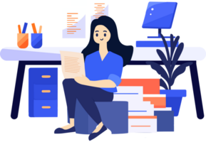 Hand Drawn A female character is sitting and reading a book in her office in flat style png