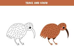 Trace and color cartoon kiwi bird. Worksheet for children. vector