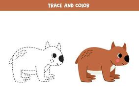 Trace and color cartoon wombat. Worksheet for children. vector