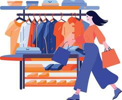 Hand Drawn A woman with shopping bags walks past a storefront in flat style vector