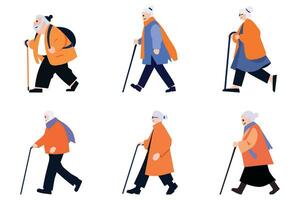 Hand Drawn Elderly characters walk with canes in flat style vector