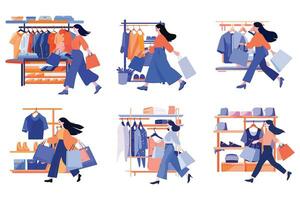 Hand Drawn A woman with shopping bags walks past a storefront in flat style vector