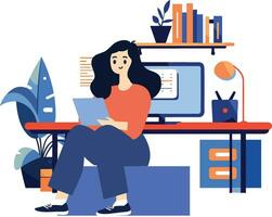 Hand Drawn A female character is sitting and reading a book in her office in flat style vector