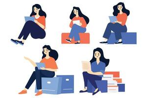 mano dibujado hembra personaje sentado y leyendo un libro en plano estilo vector