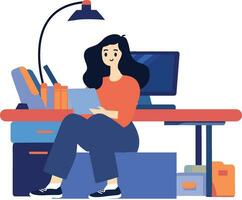 Hand Drawn A female character is sitting and reading a book in her office in flat style vector