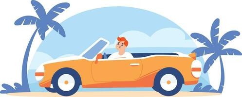 Hand Drawn Tourists drive convertibles car to the beach in flat style vector