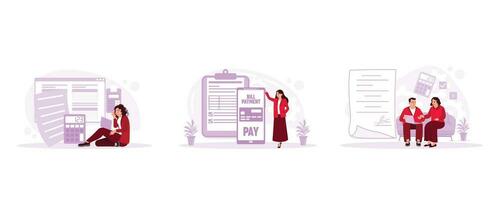 Surprised to see the bill on the laptop. Pay electricity bills online. Calculate the bills that must be paid. Utility Bills concept. Set Trend Modern vector flat illustration