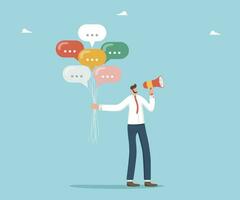 Man holding speech bubble balloons and talking into the loudspeaker. Feedback to online helpdesk service. Survey concept. Work business correspondence. Public Relations, communicate information, media vector