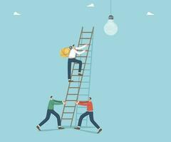 Brainstorming to create business ideas or strategies, collaboration or partnership to achieve common goals, teamwork for innovation, men holding ladder and man climbs up to change burnt out light bulb vector