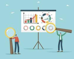 Assessing the cost of a project or estimate, calculating a budget, accounting for an investment portfolio and savings, analyzing income and expenses, men with magnifying glasses near board with graphs vector