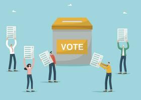 Choice concept. Online-questioning or voting, survey or testing. Voting, political choice, opinion or democracy. Election and referendum, secret ballot. People hold voting paper near vote box. vector